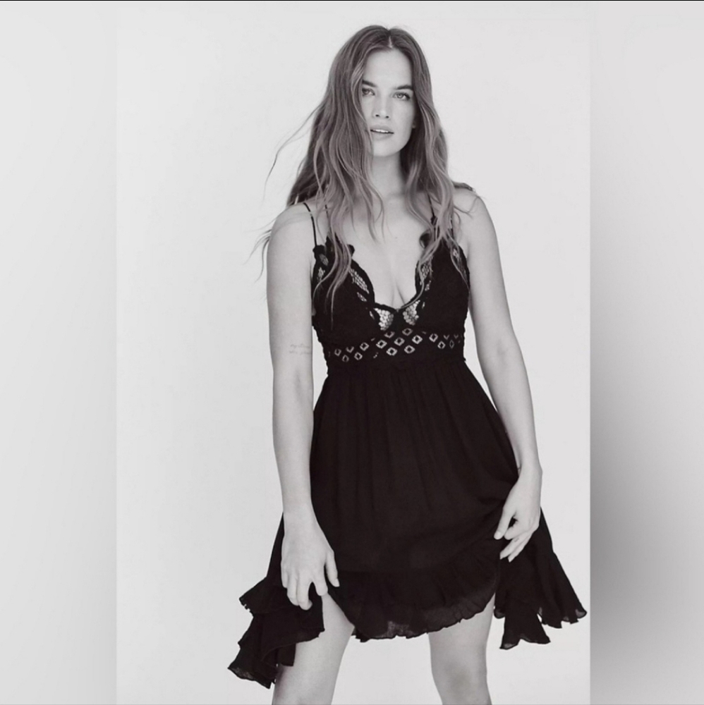 Free People One FP ONE Adella Slip Mini Boho Smocking Tiered Hem Black Dress